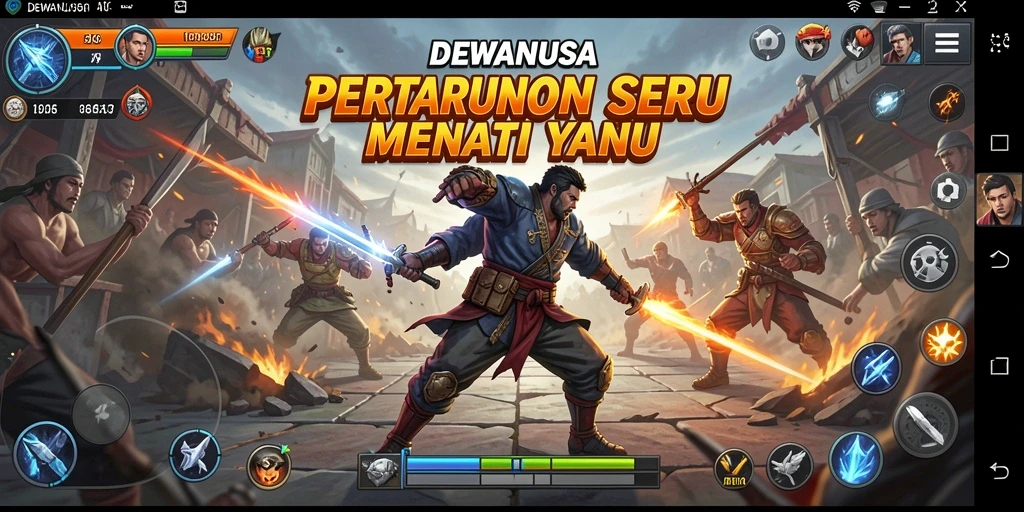 Tangkapan layar utama DEWANUSA menampilkan aksi pertarungan yang intens.