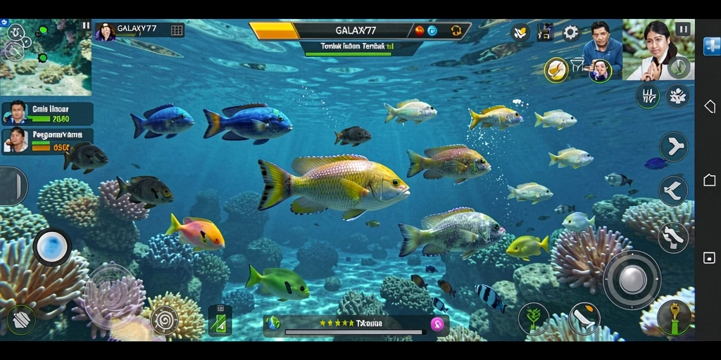 Tangkapan layar GALAXY77 menampilkan aksi seru saat menembak ikan.