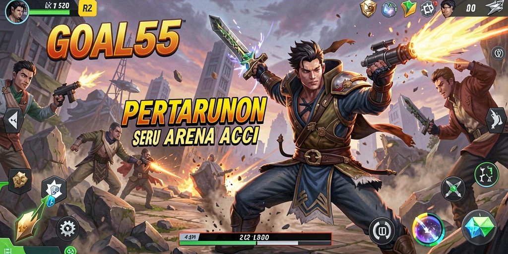 Tampilan gameplay GOAL55 dengan serangan dan strategi bertarung.