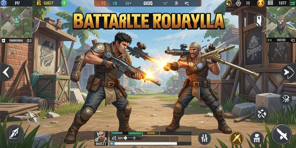 Screenshot utama GUS77 menunjukkan aksi intens dalam pertempuran Battle Royale.