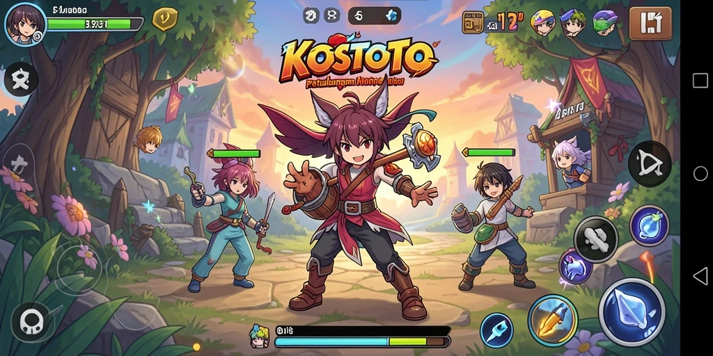 Tampilan gameplay KOSTOTO dengan karakter anime yang dinamis.