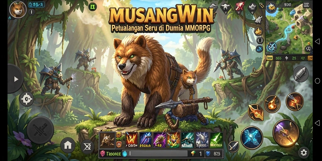 Screenshot utama MUSANGWIN menampilkan aksi seru dalam pertarungan MMORPG.