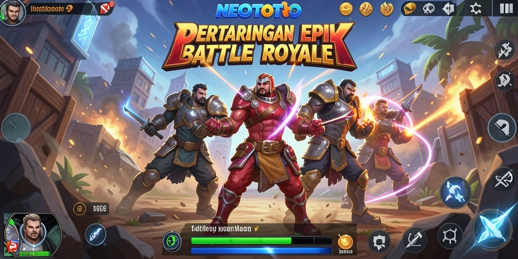 Screenshot gameplay NEOTOTO menunjukkan pertempuran intens di arena Battle Royale.