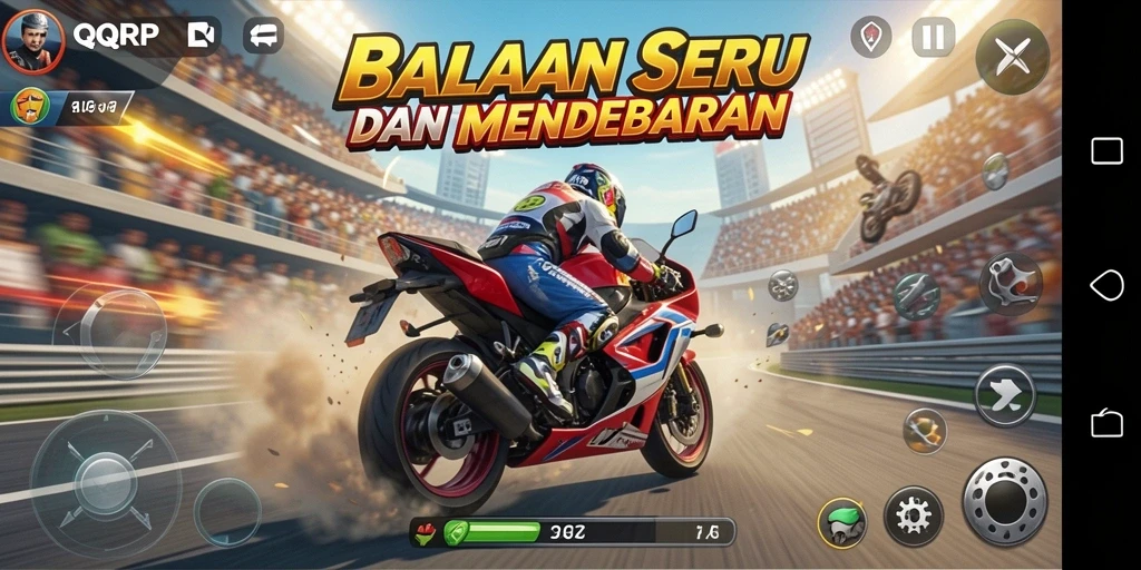 Screenshot utama QQRP menampilkan aksi balapan motor yang cepat dan mendebarkan.