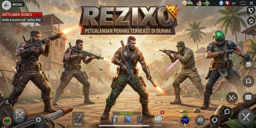 Screenshot utama REZIXO menunjukkan aksi seru dalam pertempuran Battle Royale.